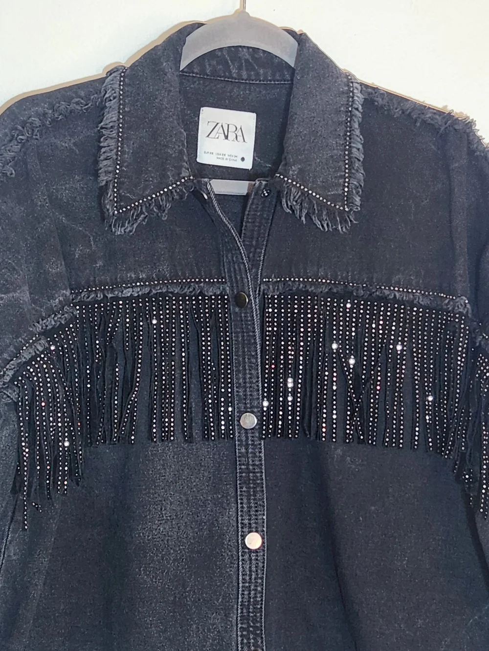 Zara Black Rhinestone Fringe Distressed Denim Jacket Size XS